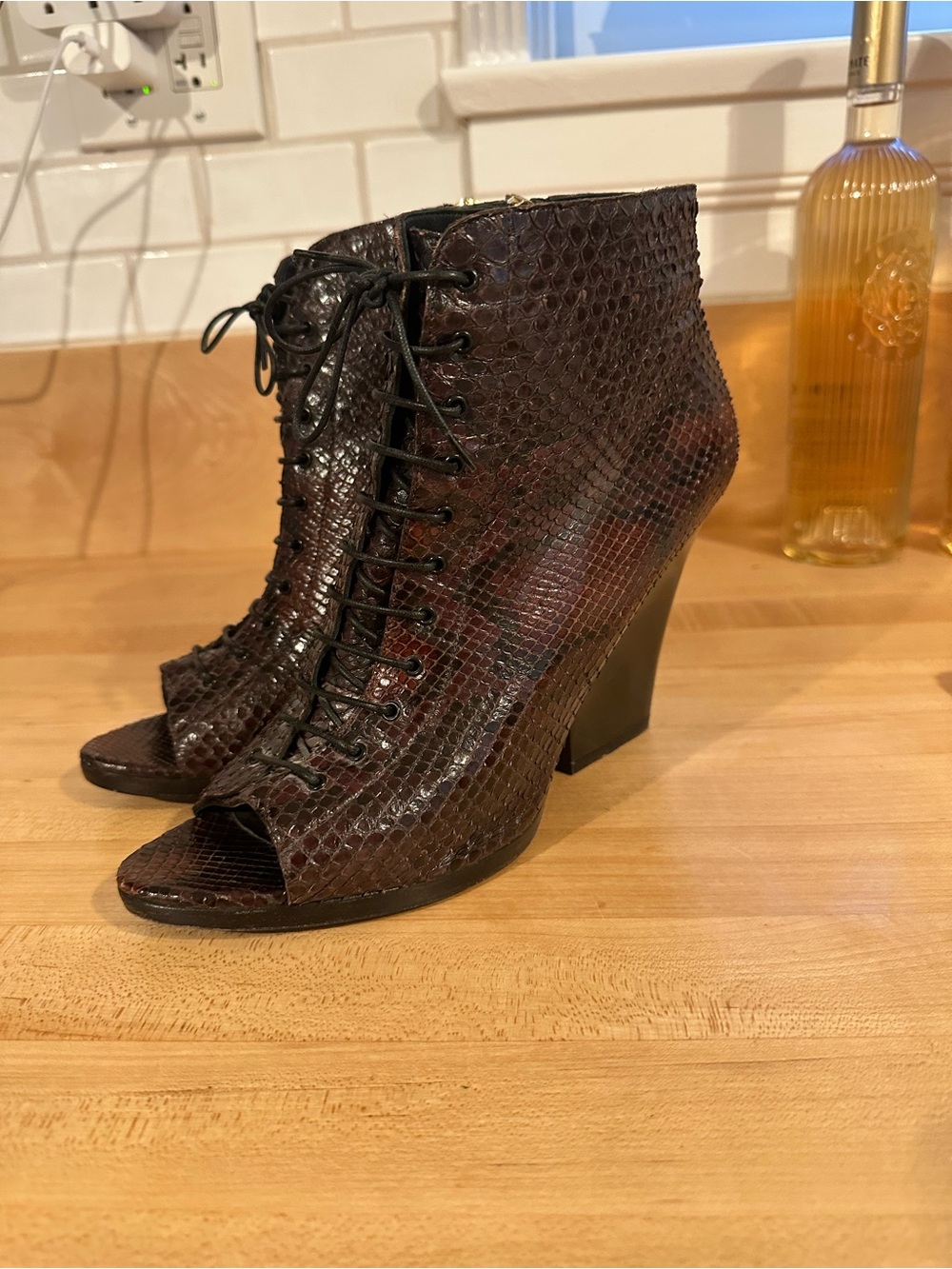 Burberry Snakeskin Lace-Up Peep-Toe Ankle Boots